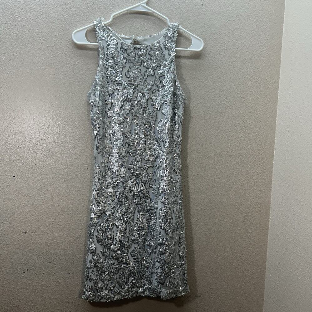 Caché Sequin Mini Dress Silver Y2K 90s‎ Party Formal High Neck Open Back Sz 4